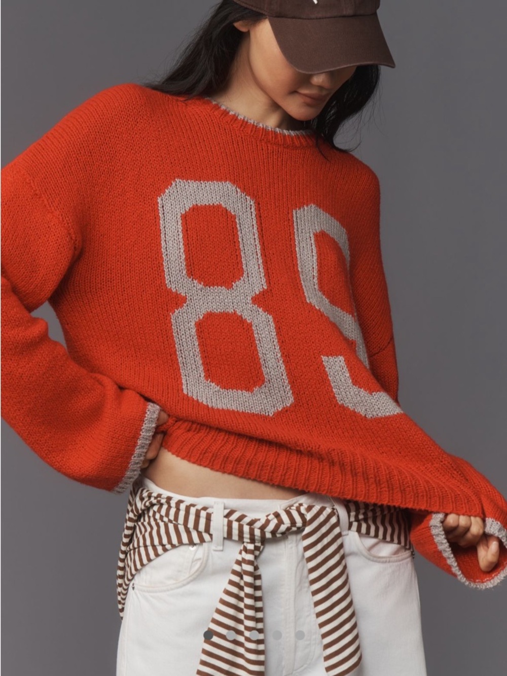 Anthropologie Red Crewneck Sweater with Gray '89' Graphic